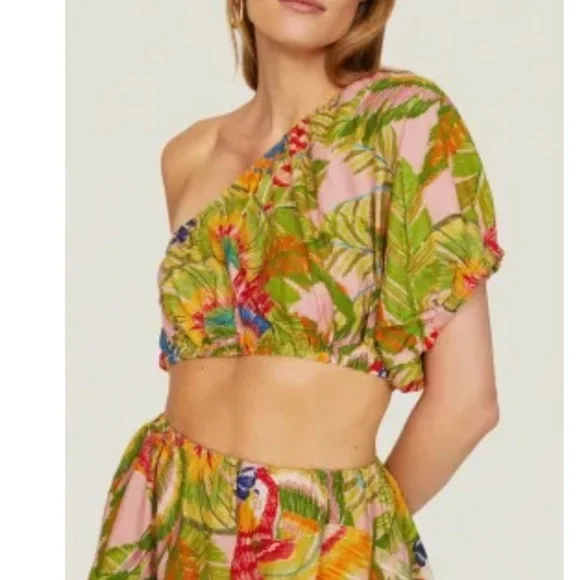 New! Farm rio medium mackaw leaves one shoulder mini dress with pockets.
